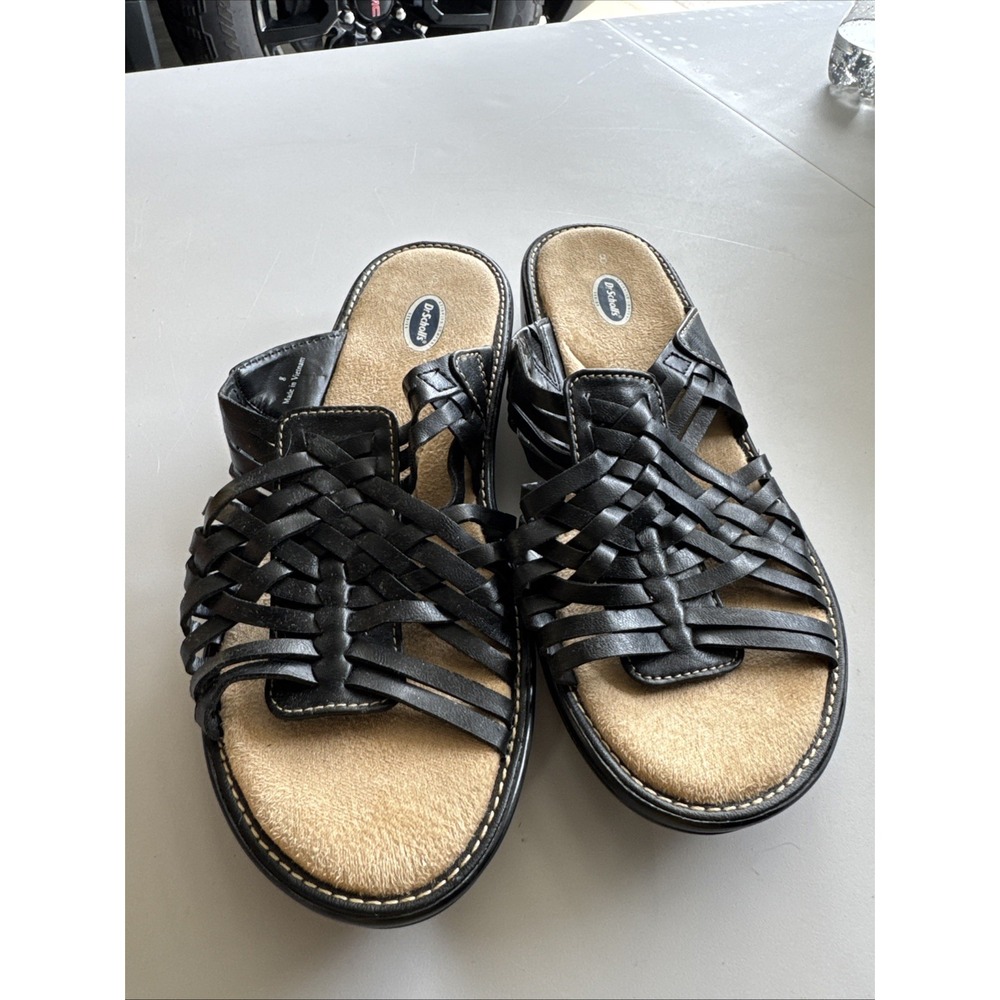 Dr SCHOLLS Women's Sz 8 Comfort Slip On Woven Black Leather Sandals